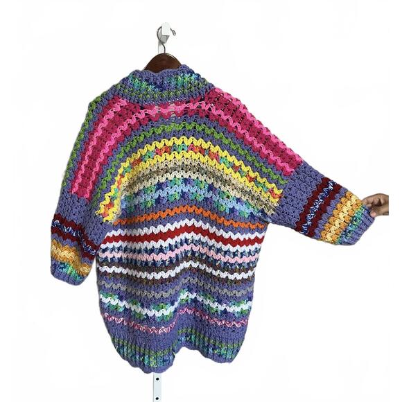 Vintage Multicolor, Cottage core Handmade Crochet Knit  chunky Cardigan Bohemian - Picture 3 of 9